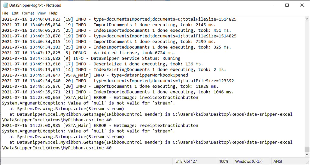 Where to find the DataSnipper log file